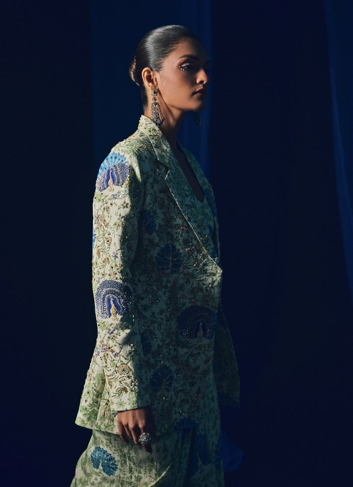 Green Printed Cowl Skirt Set With Blazer Juhi Bengani - Fabilicious Fashion