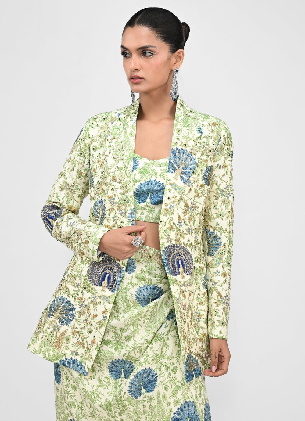 Green Printed Cowl Skirt Set With Blazer Juhi Bengani - Fabilicious Fashion