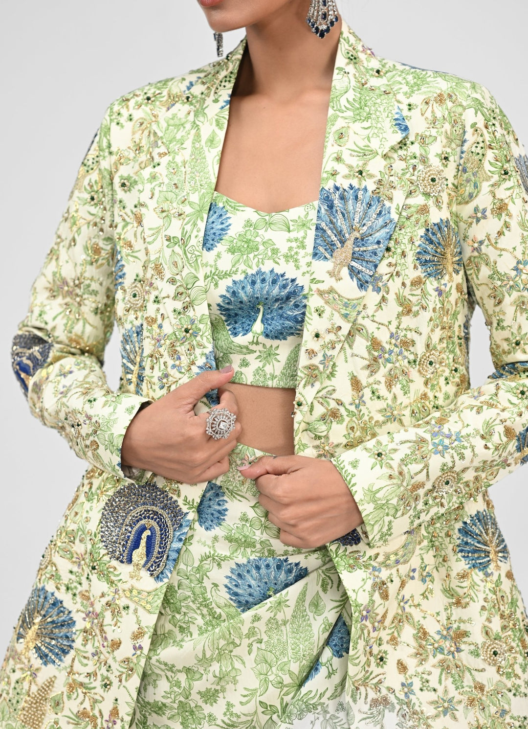 Green Printed Cowl Skirt Set With Blazer Juhi Bengani - Fabilicious Fashion