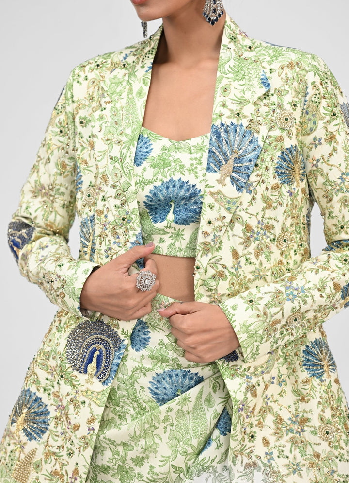 Green Printed Cowl Skirt Set With Blazer Juhi Bengani - Fabilicious Fashion