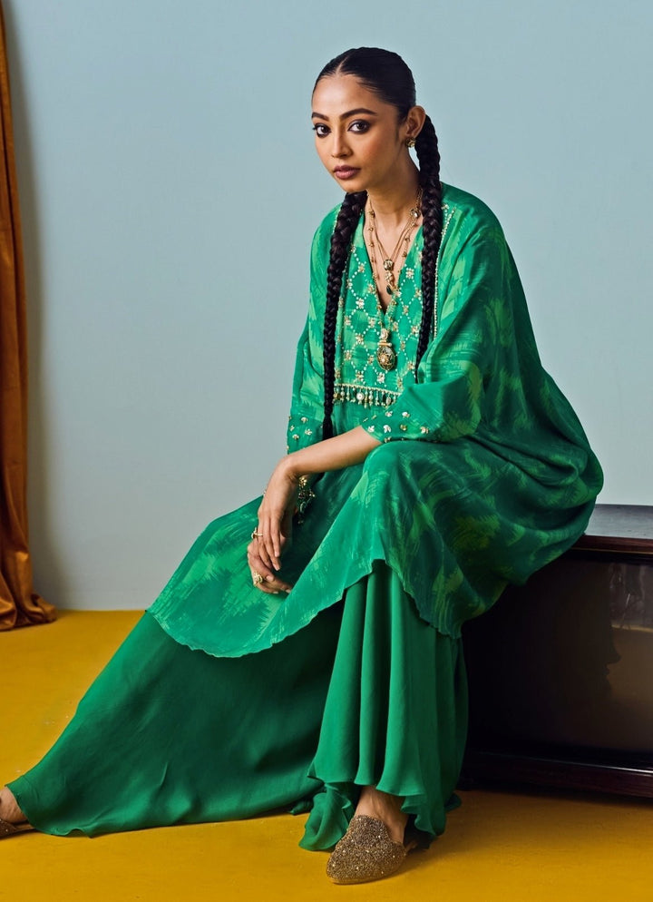 Green Printed Crepe Silk Kaftan Palazzo Set Prahnaaya - Fabilicious Fashion