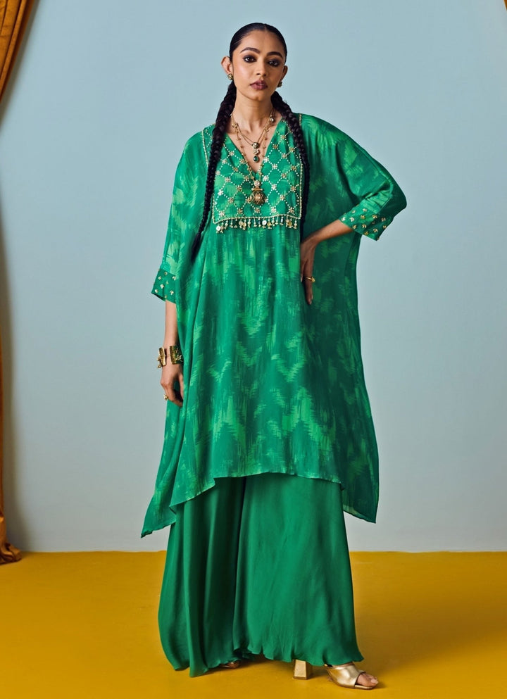 Green Printed Crepe Silk Kaftan Palazzo Set Prahnaaya - Fabilicious Fashion