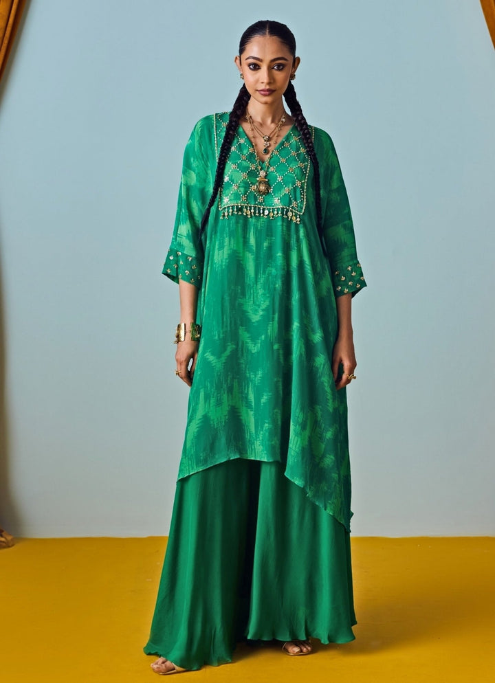 Green Printed Crepe Silk Kaftan Palazzo Set Prahnaaya - Fabilicious Fashion