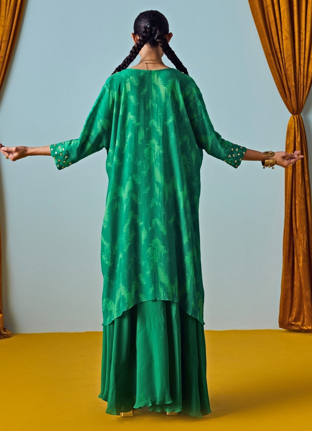 Green Printed Crepe Silk Kaftan Palazzo Set Prahnaaya - Fabilicious Fashion