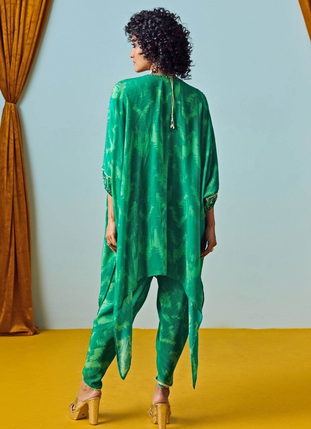 Green Printed Crepe Silk Kaftan With Tulip Pants Prahnaaya - Fabilicious Fashion