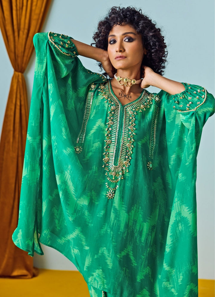 Green Printed Crepe Silk Kaftan With Tulip Pants Prahnaaya - Fabilicious Fashion
