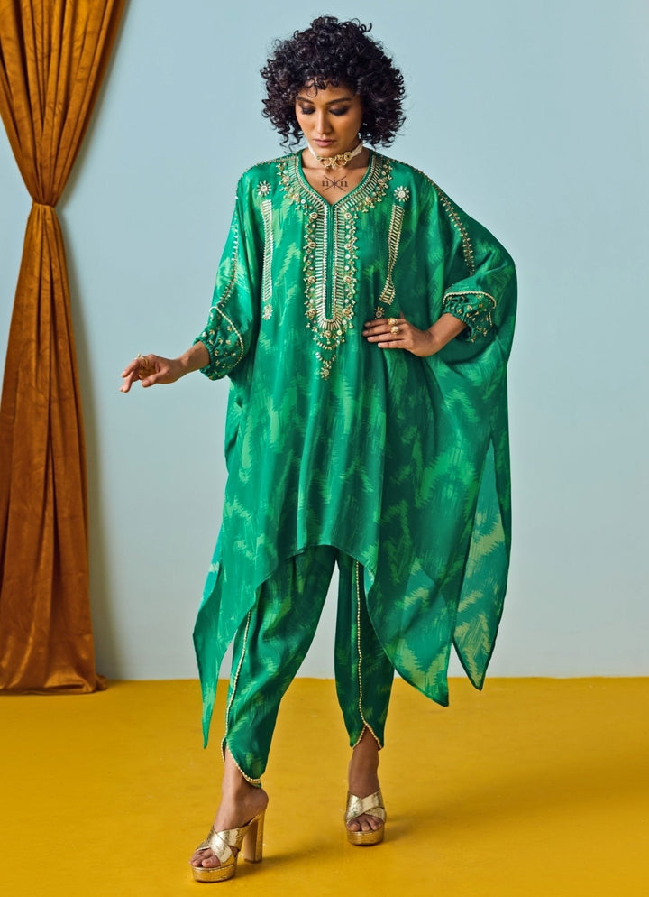 Green Printed Crepe Silk Kaftan With Tulip Pants Prahnaaya - Fabilicious Fashion