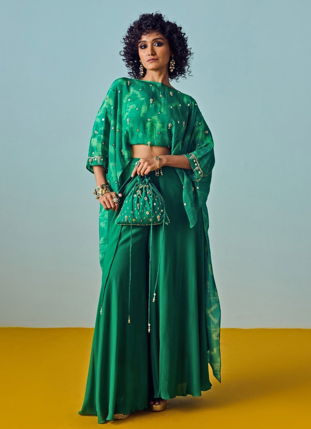 Green Printed Crepe Silk Top And Palazzo Set Prahnaaya - Fabilicious Fashion