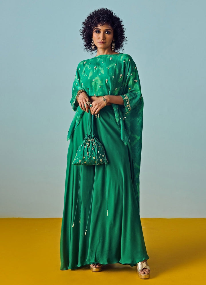Green Printed Crepe Silk Top And Palazzo Set Prahnaaya - Fabilicious Fashion
