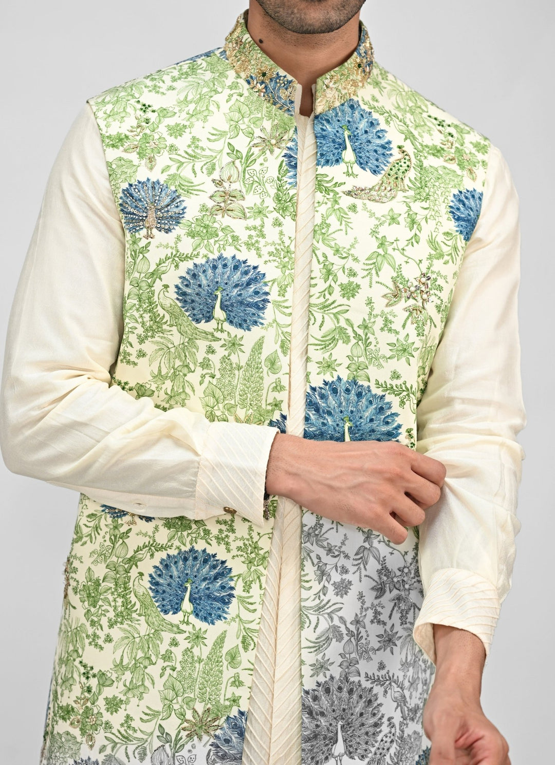 Green Printed Embroidered Half Jacket Juhi Bengani - Men - Fabilicious Fashion