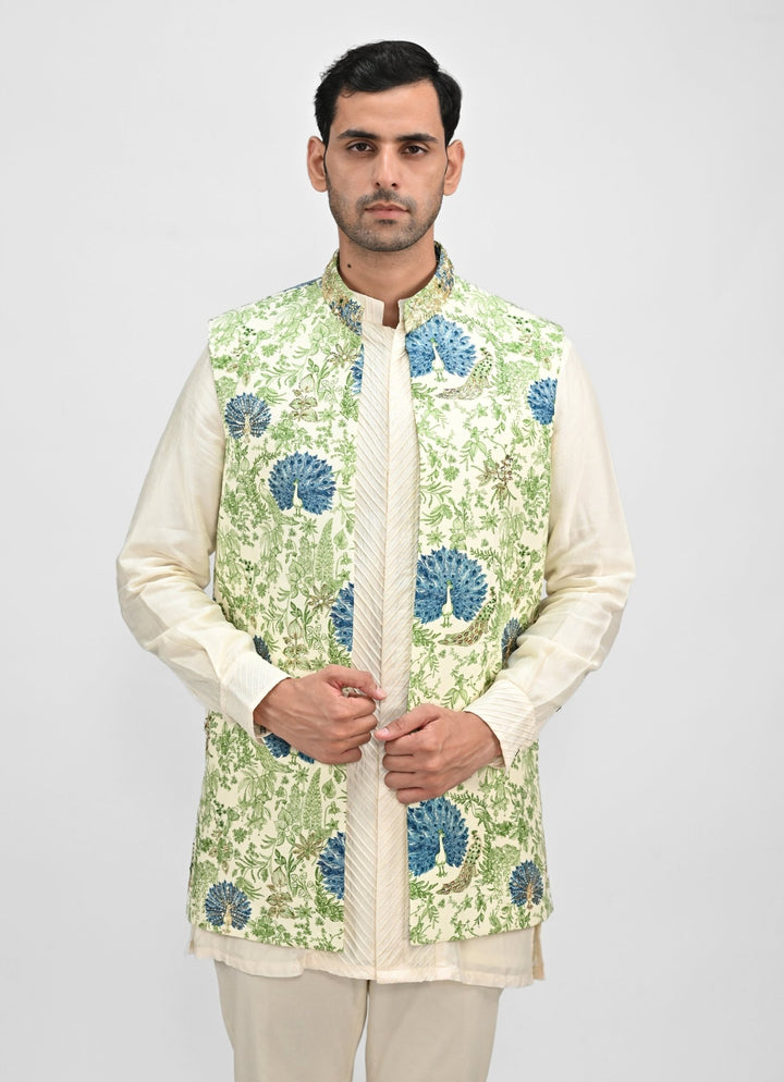Green Printed Embroidered Half Jacket Juhi Bengani - Men - Fabilicious Fashion
