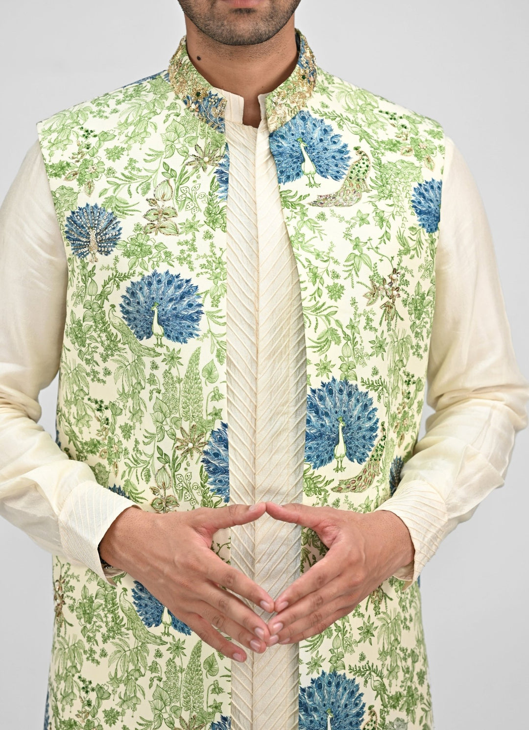 Green Printed Embroidered Half Jacket Juhi Bengani - Men - Fabilicious Fashion