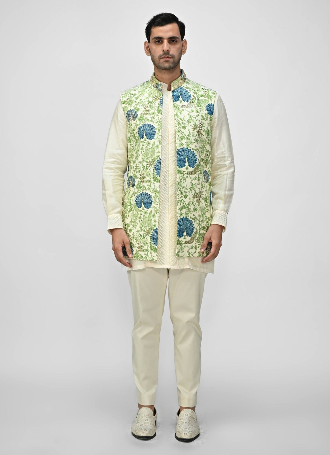Green Printed Embroidered Half Jacket Juhi Bengani - Men - Fabilicious Fashion