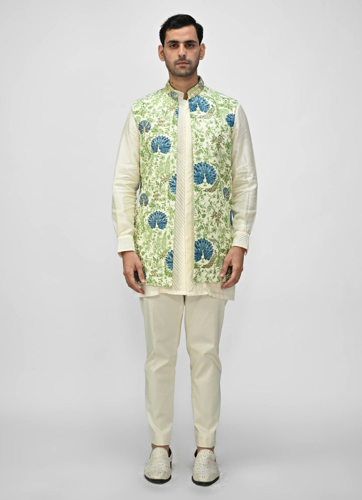 Green Printed Embroidered Half Jacket Juhi Bengani - Men - Fabilicious Fashion