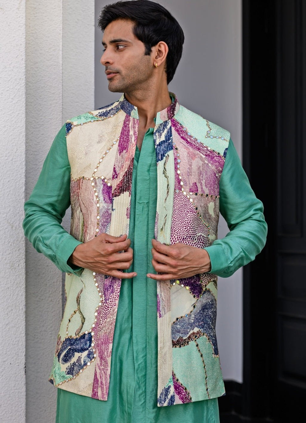 Green Printed Embroidered Silk Nehru Jacket Juhi Bengani - Men - Fabilicious Fashion