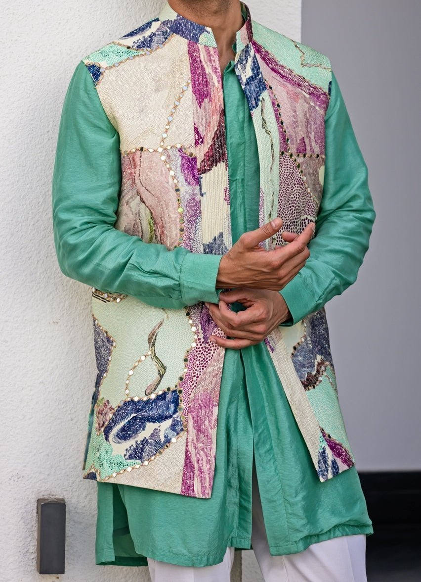 Green Printed Embroidered Silk Nehru Jacket Juhi Bengani - Men - Fabilicious Fashion