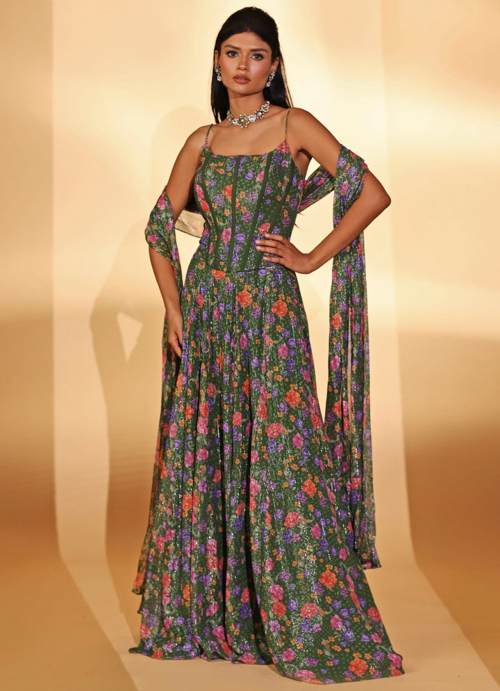 Green Printed Georgette Lehenga With Corset Blouse Kiyohra - Fabilicious Fashion