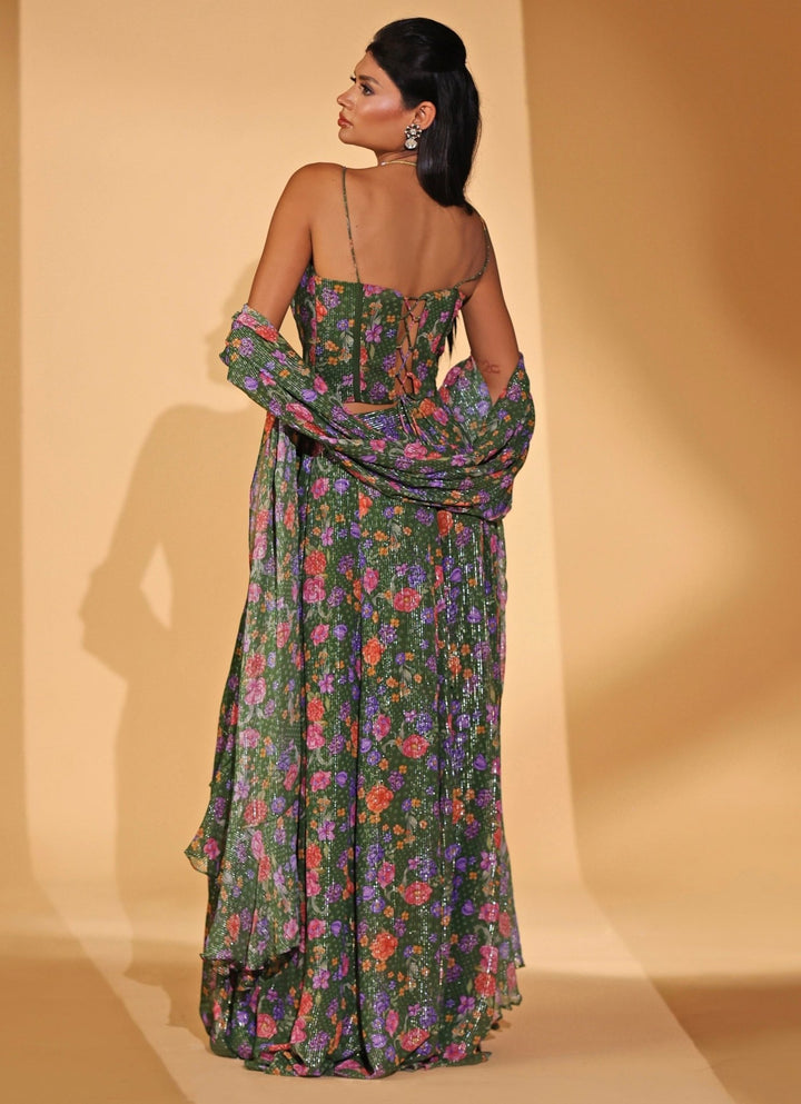 Green Printed Georgette Lehenga With Corset Blouse Kiyohra - Fabilicious Fashion