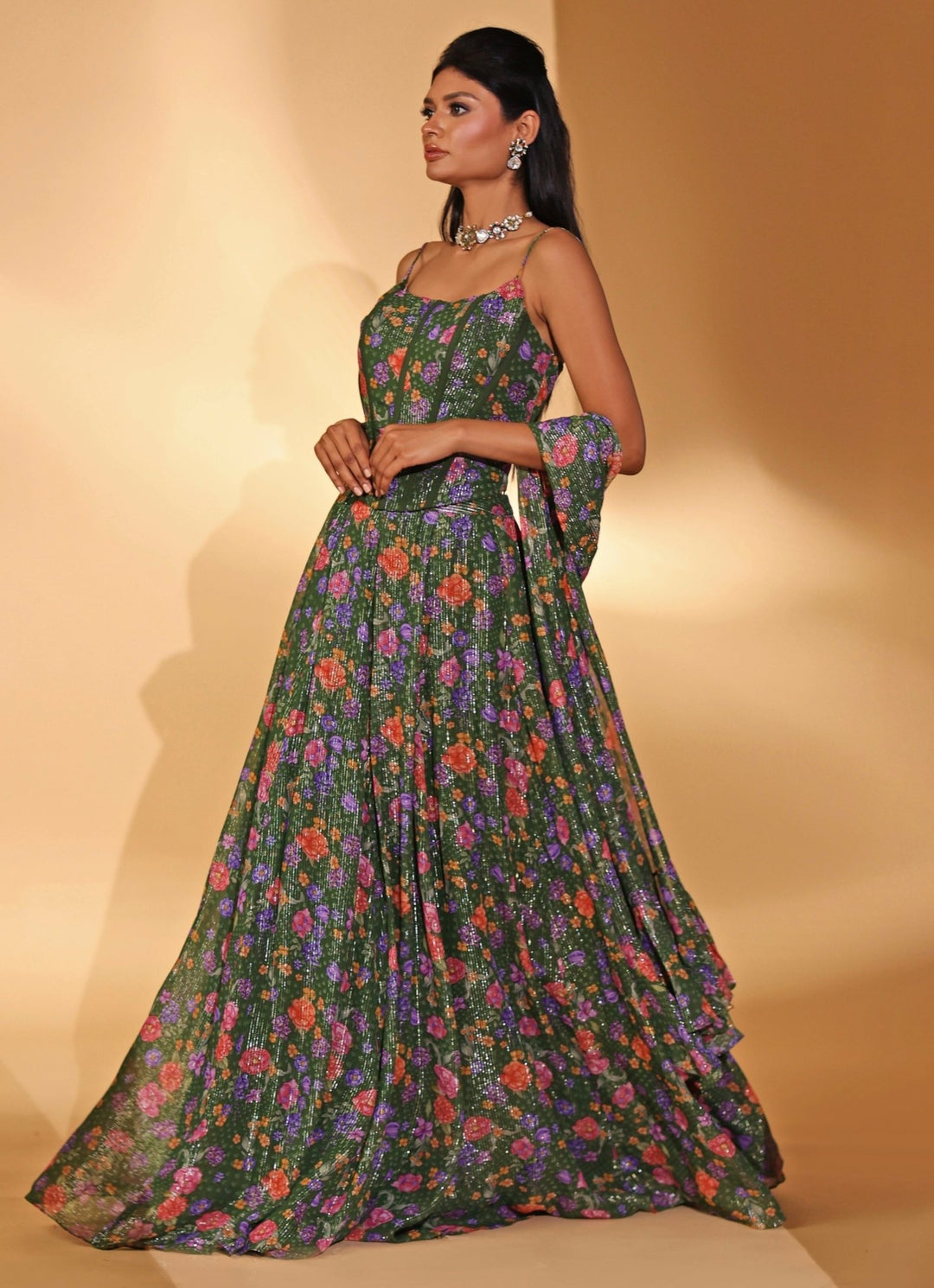 Green Printed Georgette Lehenga With Corset Blouse Kiyohra - Fabilicious Fashion