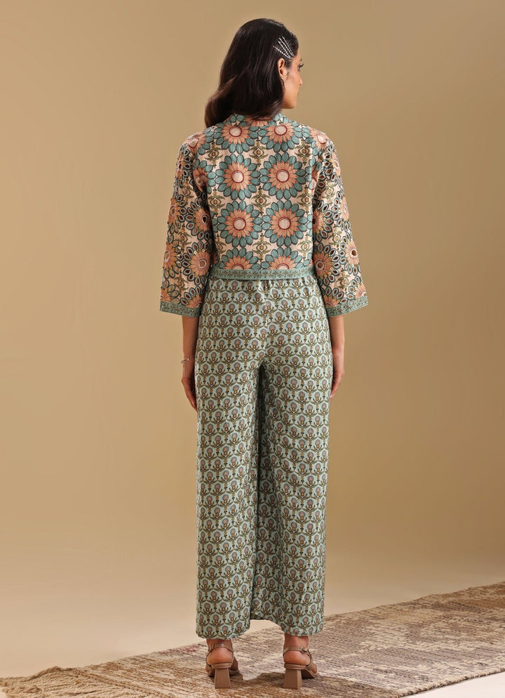 Green Printed Jumpsuit With Linen Beige Jacket Soup By Sougat Paul - Fabilicious Fashion