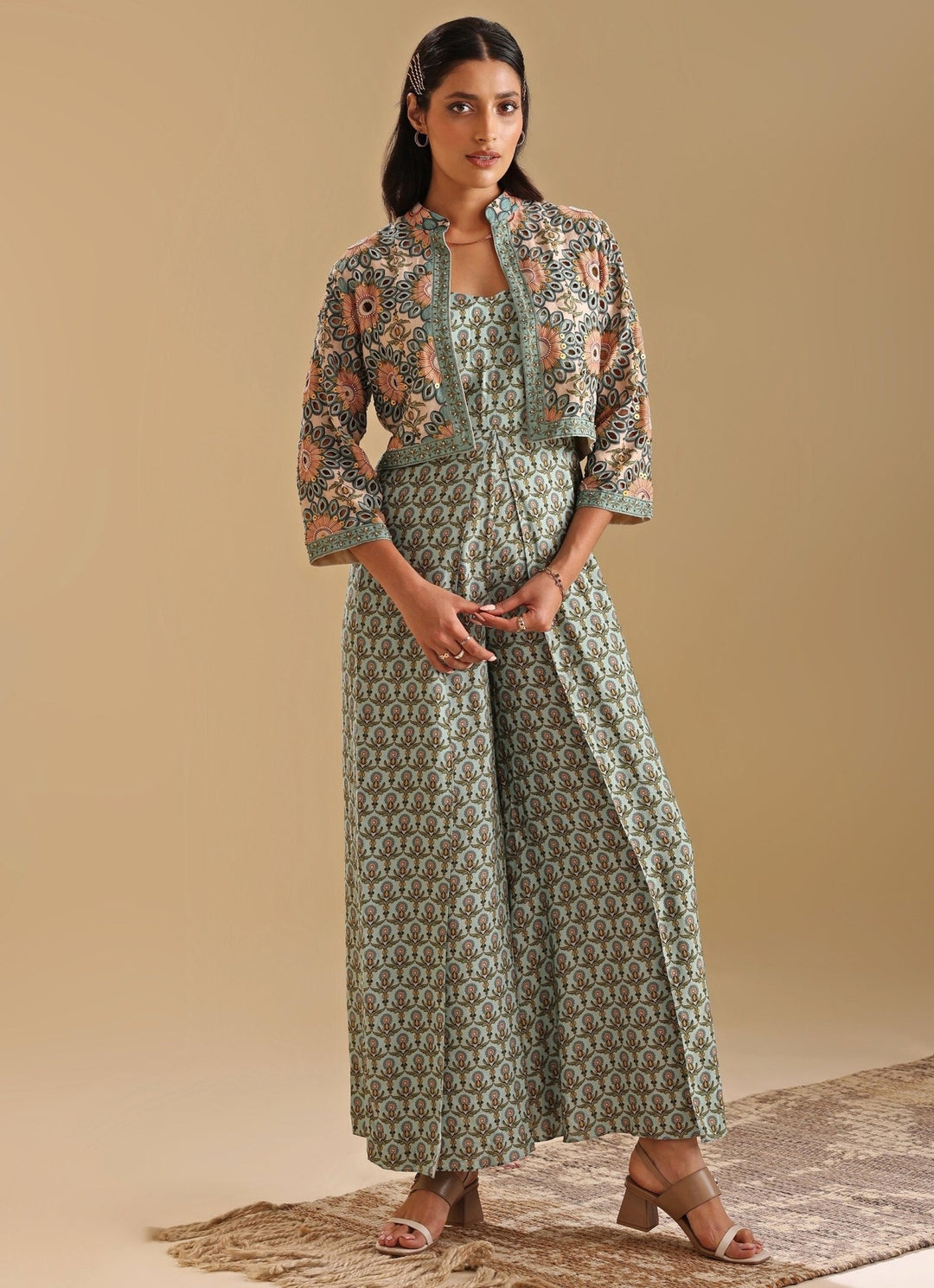 Green Printed Jumpsuit With Linen Beige Jacket Soup By Sougat Paul - Fabilicious Fashion