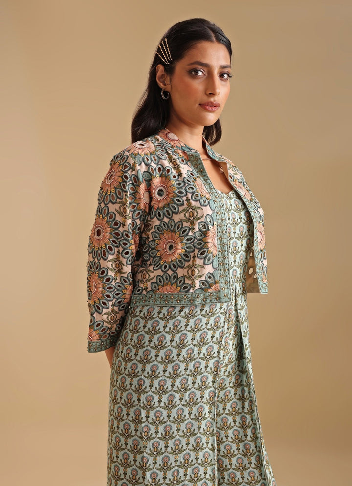 Green Printed Jumpsuit With Linen Beige Jacket Soup By Sougat Paul - Fabilicious Fashion