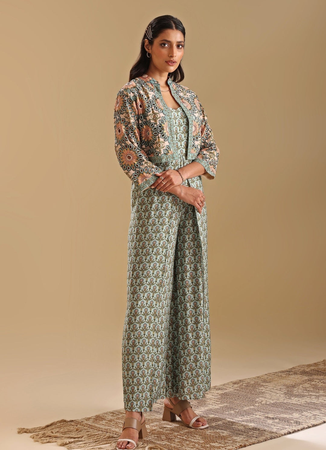 Green Printed Jumpsuit With Linen Beige Jacket Soup By Sougat Paul - Fabilicious Fashion