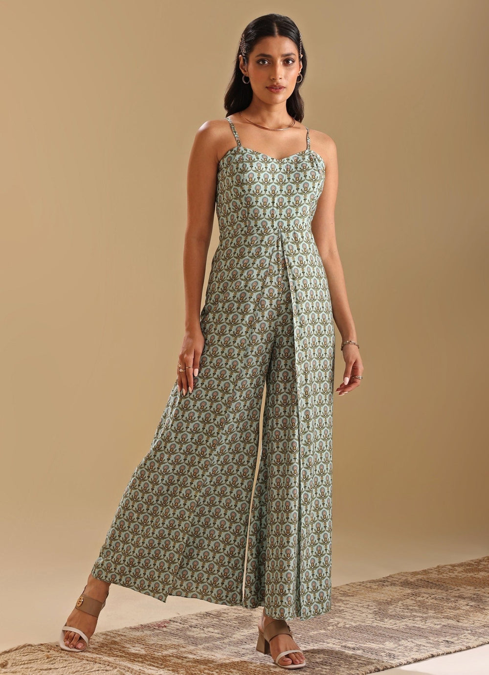 Green Printed Jumpsuit With Linen Beige Jacket Soup By Sougat Paul - Fabilicious Fashion