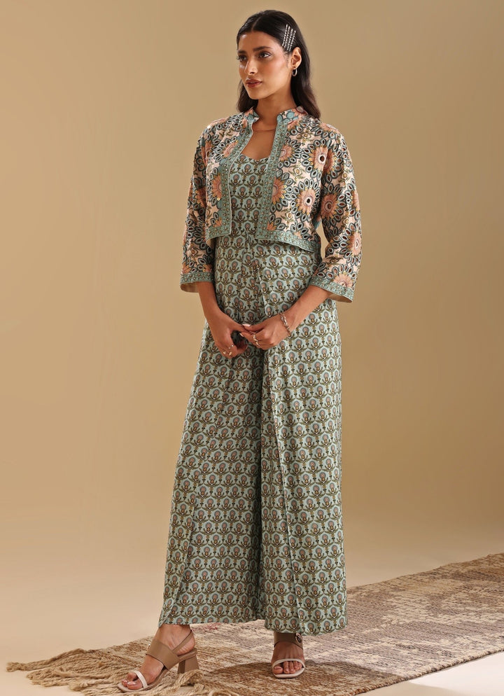 Green Printed Jumpsuit With Linen Beige Jacket Soup By Sougat Paul - Fabilicious Fashion