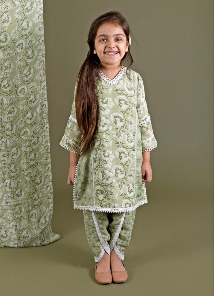 Green Printed Muslin Kurta Dhoti Set Chotibuti - Fabilicious Fashion