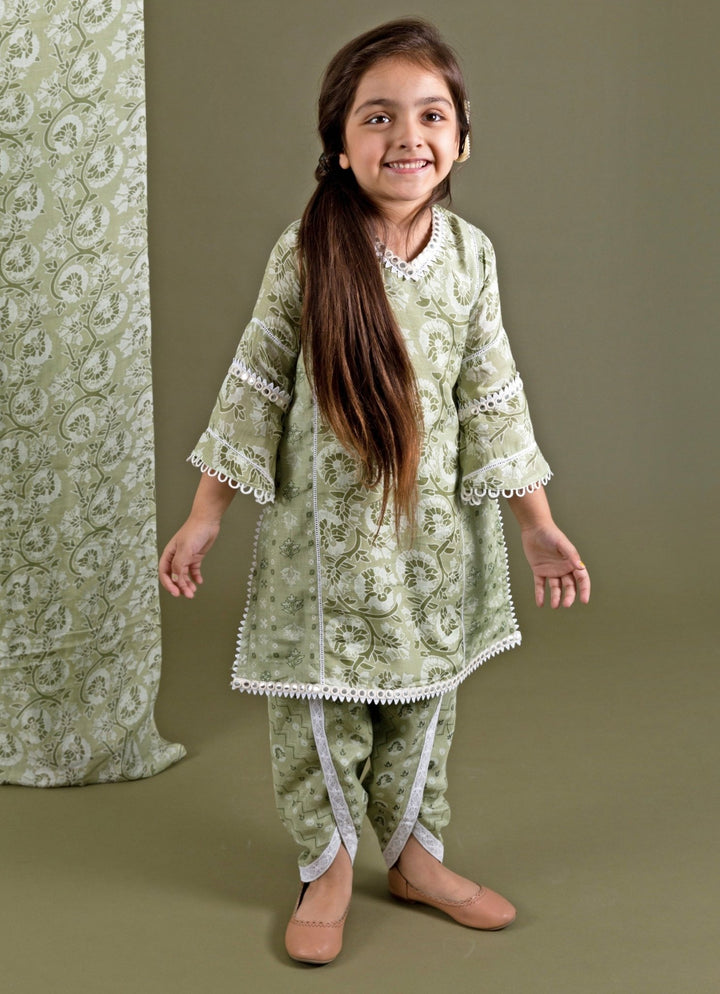Green Printed Muslin Kurta Dhoti Set Chotibuti - Fabilicious Fashion