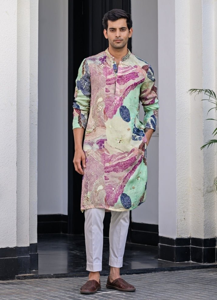 Green printed organza kurta pant set for men — modern mehendi outfit