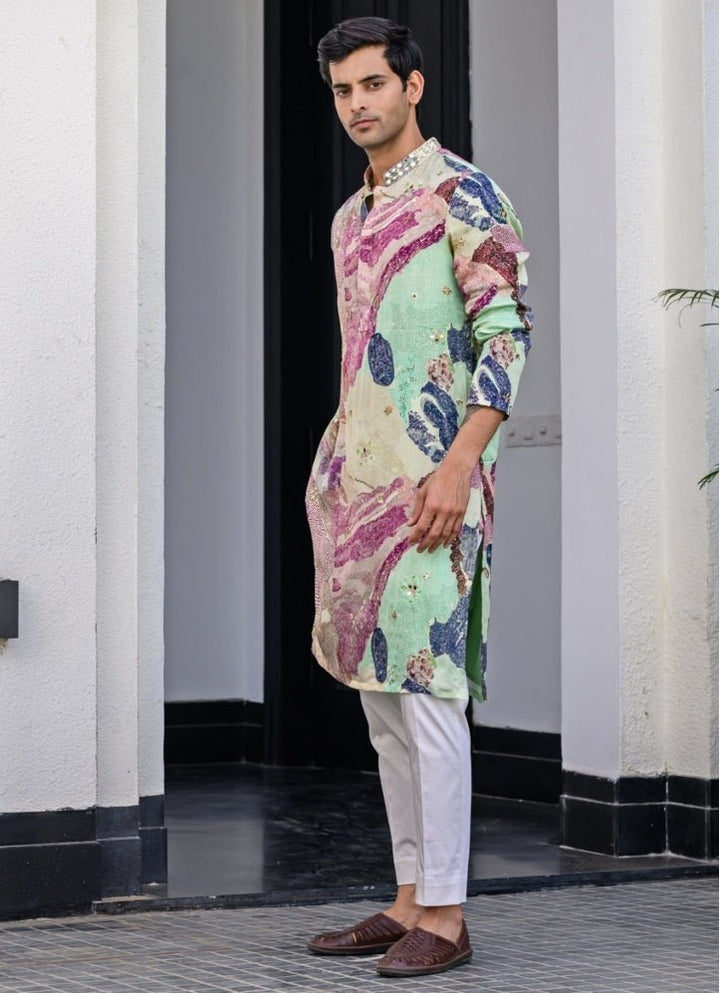 Green Printed Organza Kurta Pant Set Juhi Bengani - Men - Fabilicious Fashion
