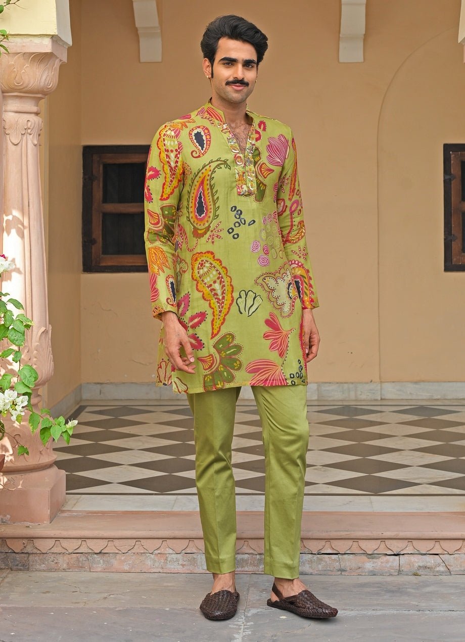 Green Printed Organza Kurta Pants Set Juhi Bengani - Men - Fabilicious Fashion