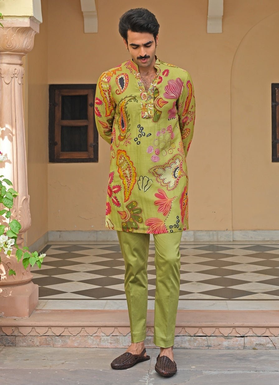 Green Printed Organza Kurta Pants Set Juhi Bengani - Men - Fabilicious Fashion