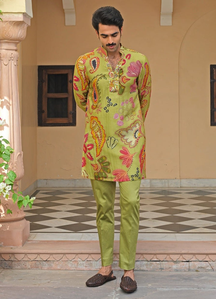 Green Printed Organza Kurta Pants Set Juhi Bengani - Men - Fabilicious Fashion