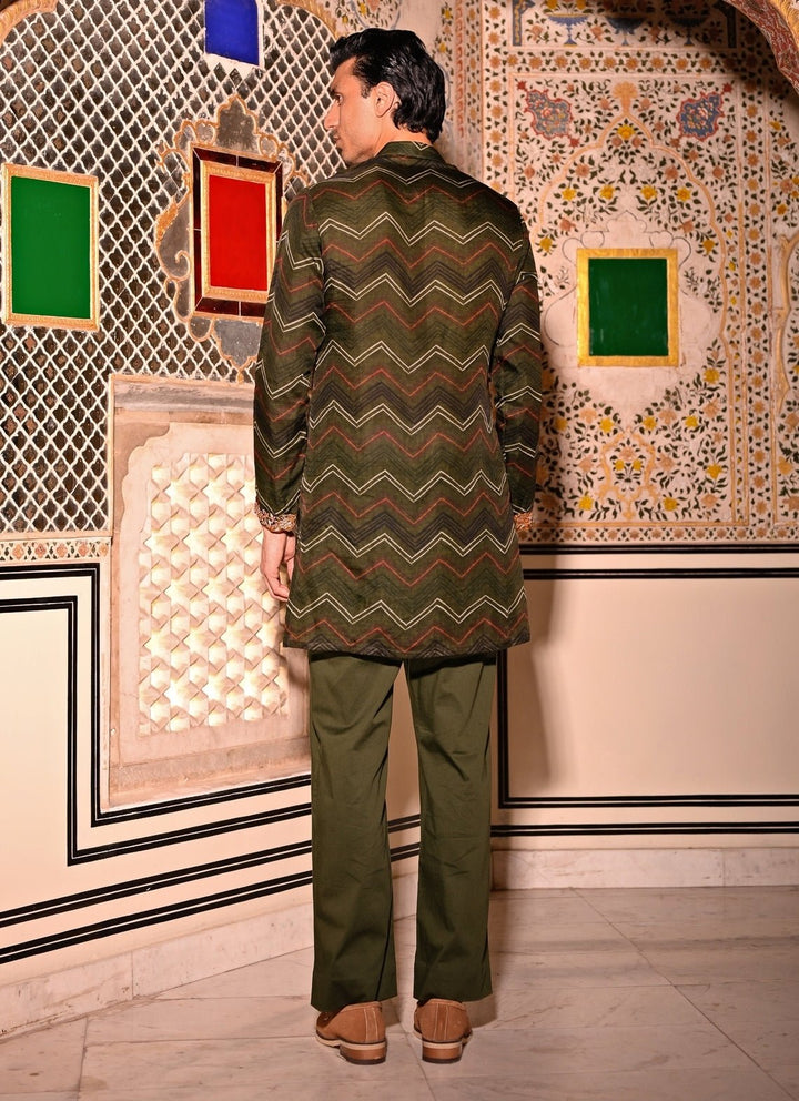 Juhi Bengani - Men Green Printed Organza Kurta Pants SetFabilicious Fashion