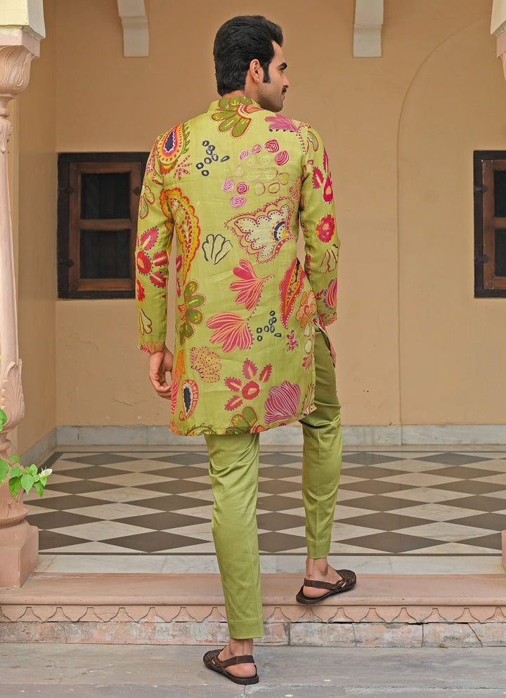 Green Printed Organza Kurta Pants Set Juhi Bengani - Men - Fabilicious Fashion
