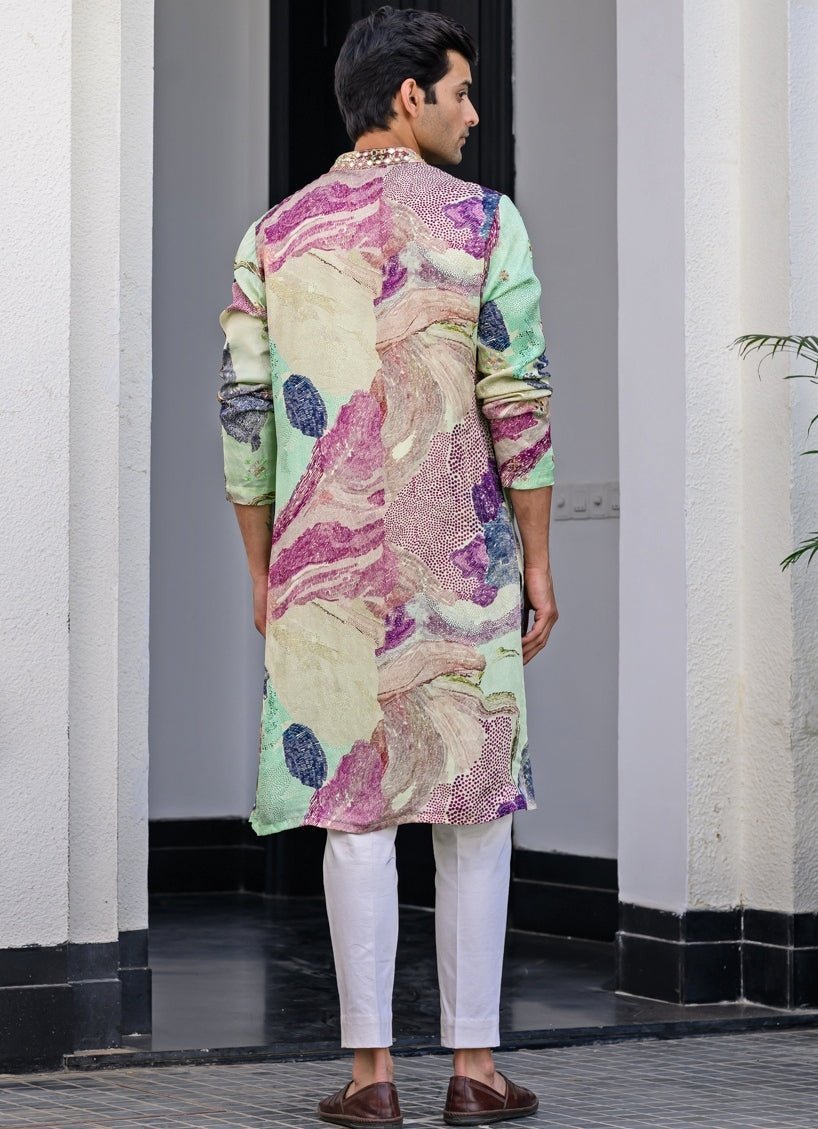 Green Printed Organza Kurta Juhi Bengani - Men - Fabilicious Fashion