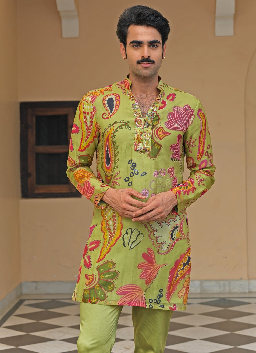 Green Printed Organza Kurta Juhi Bengani - Men - Fabilicious Fashion
