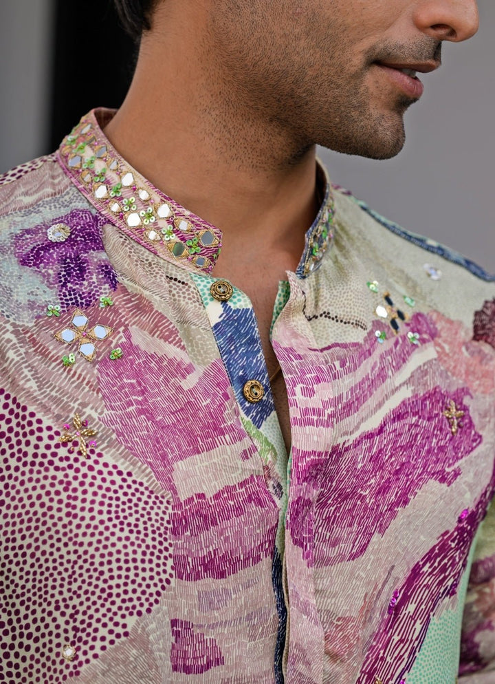 Green Printed Organza Kurta Juhi Bengani - Men - Fabilicious Fashion