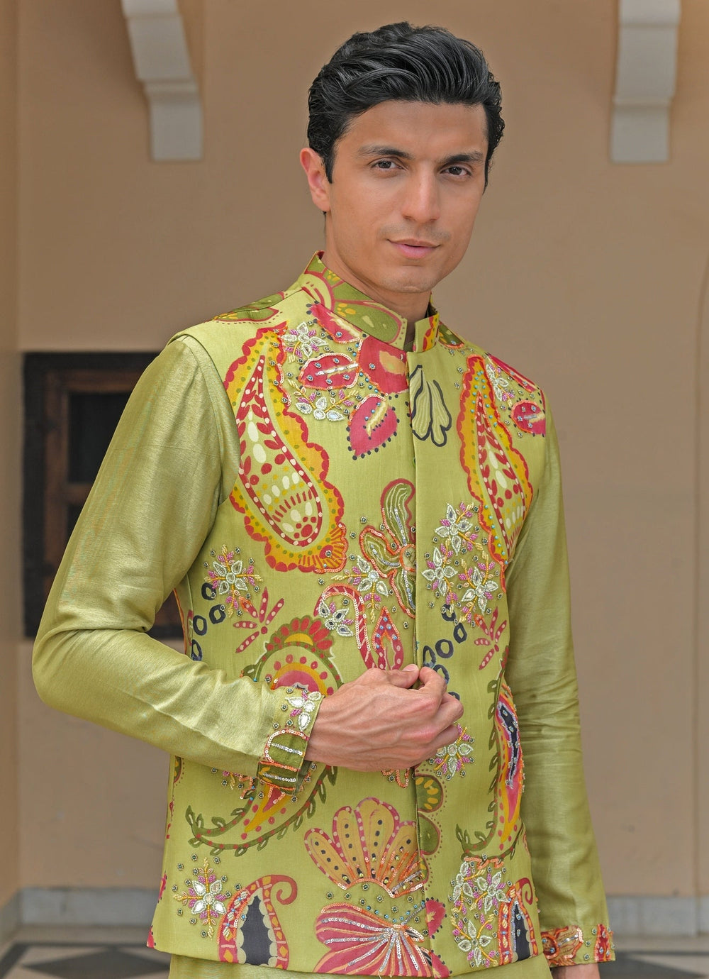 Green Printed Organza Mirrorwork Bundi Juhi Bengani - Men - Fabilicious Fashion