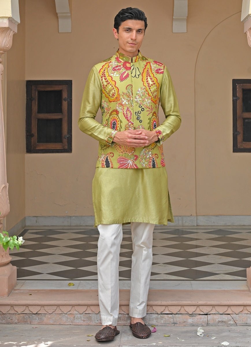 Green Printed Organza Mirrorwork Bundi Juhi Bengani - Men - Fabilicious Fashion