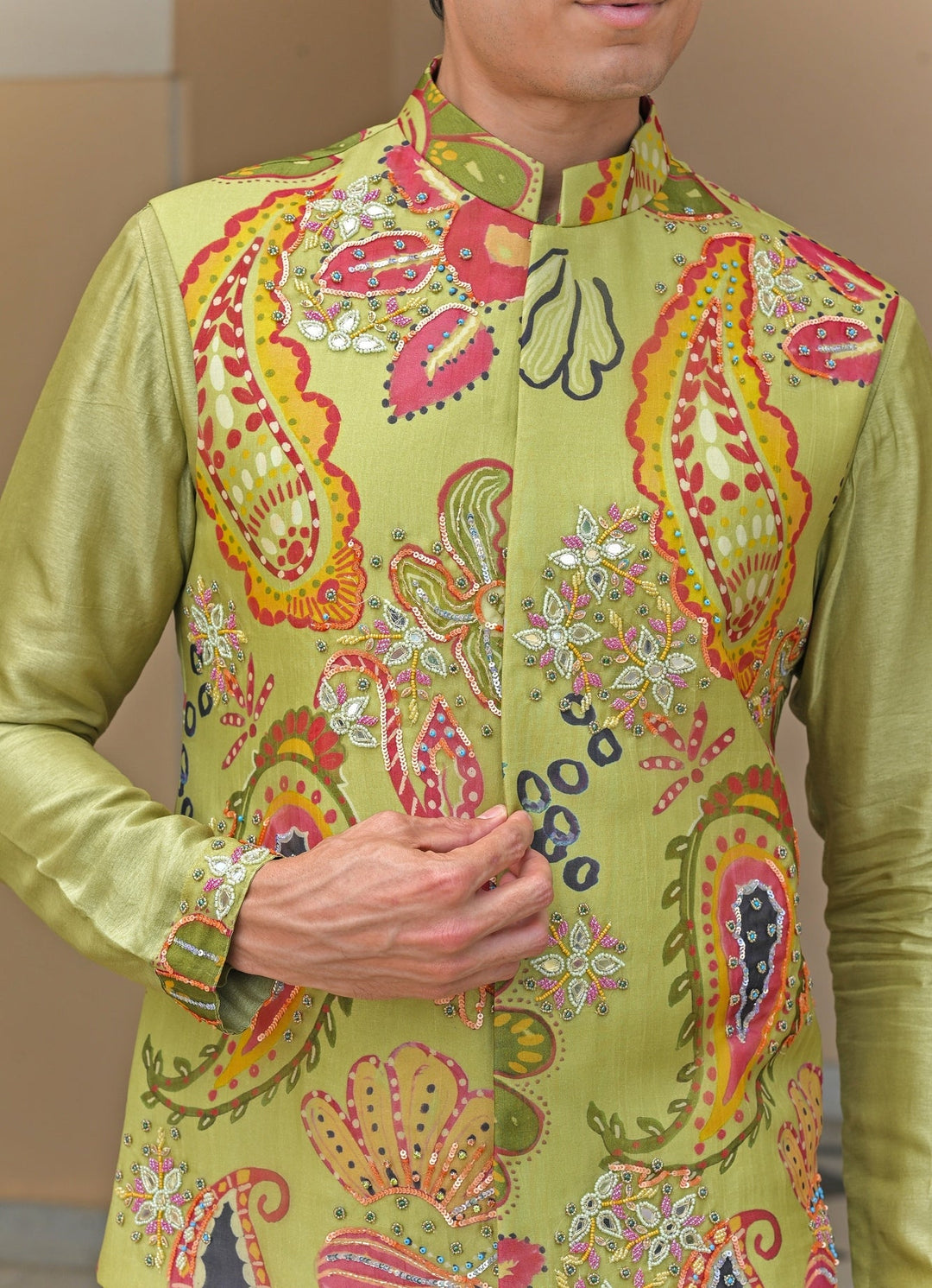 Green Printed Organza Mirrorwork Bundi Juhi Bengani - Men - Fabilicious Fashion