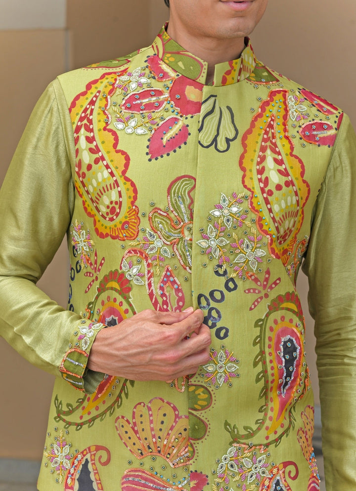 Green Printed Organza Mirrorwork Bundi Juhi Bengani - Men - Fabilicious Fashion