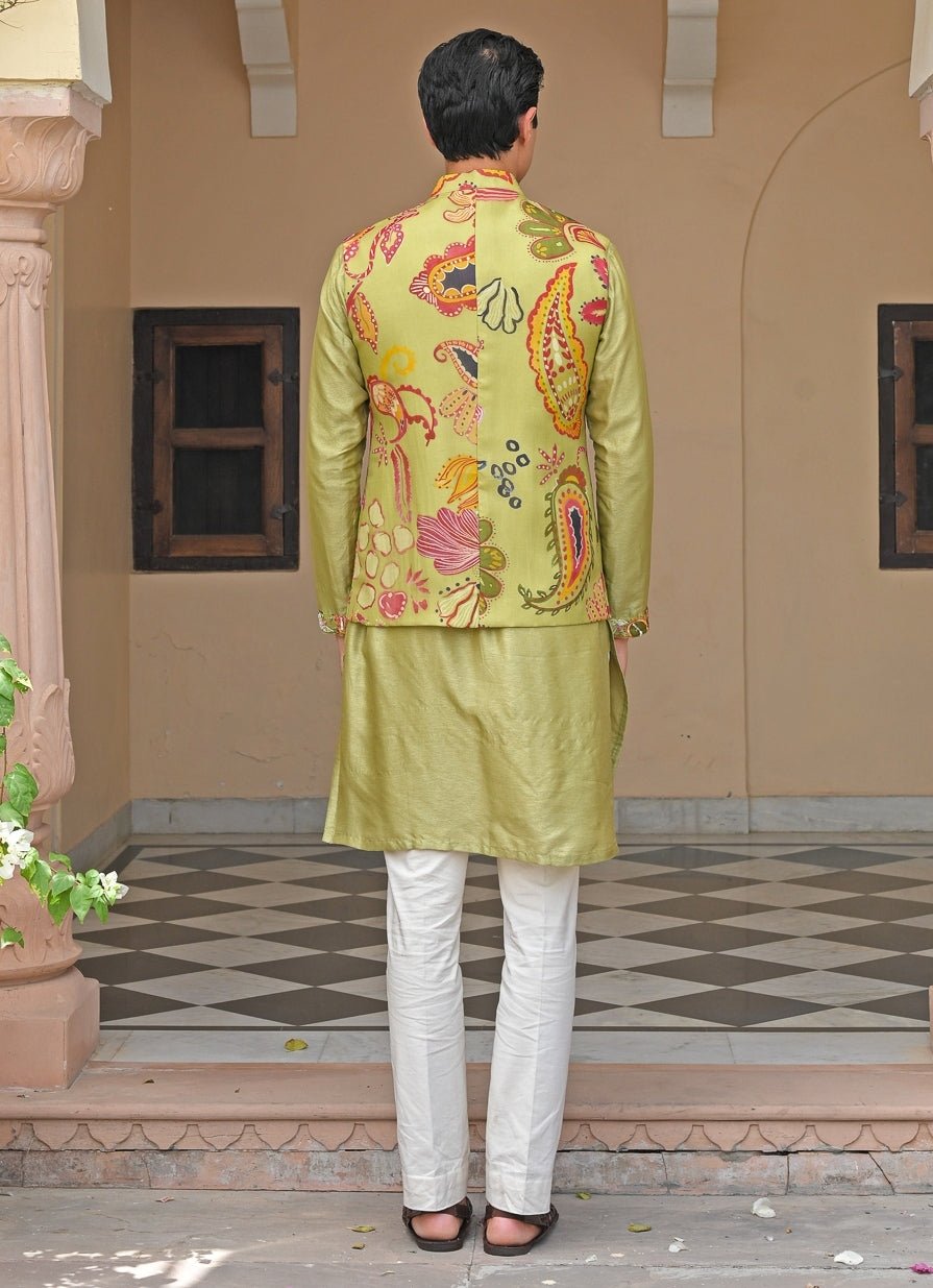 Green Printed Organza Mirrorwork Bundi Juhi Bengani - Men - Fabilicious Fashion