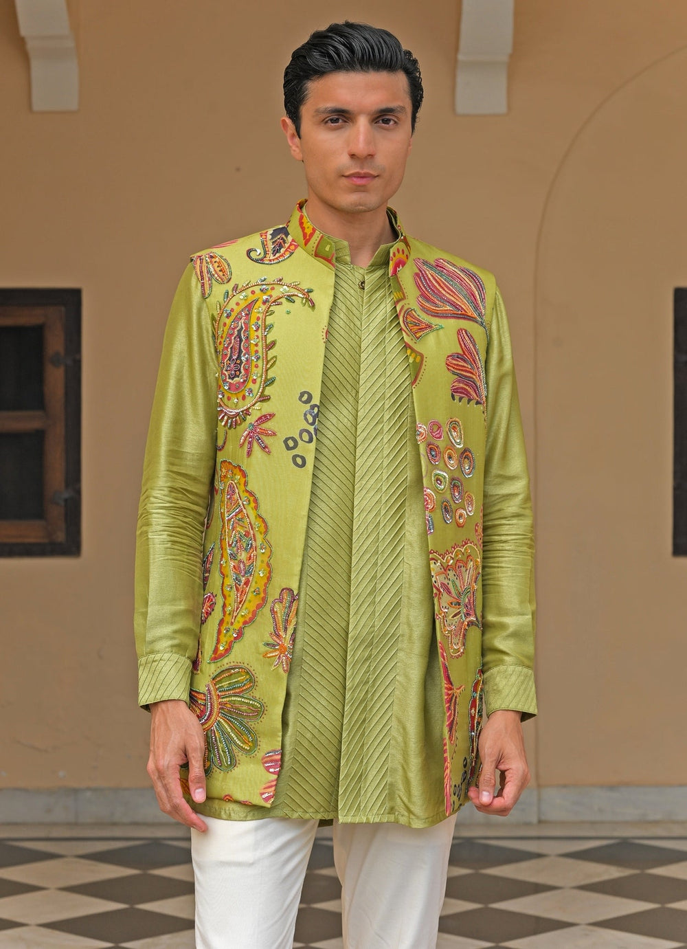 Green Printed Organza Nehru Jacket Juhi Bengani - Men - Fabilicious Fashion