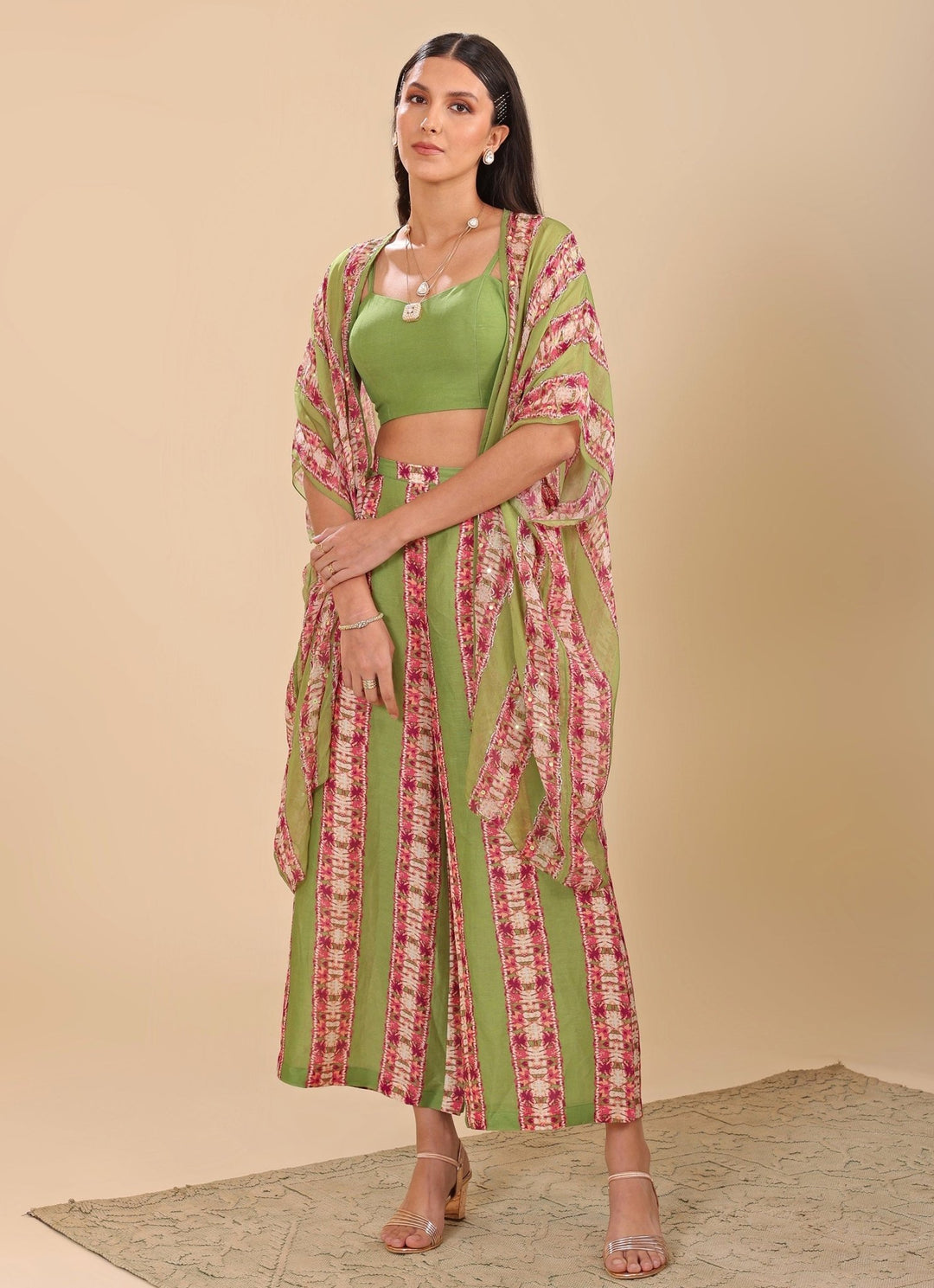 Green Printed Palazzo Pant Set With Embroidered Cape Soup By Sougat Paul - Fabilicious Fashion