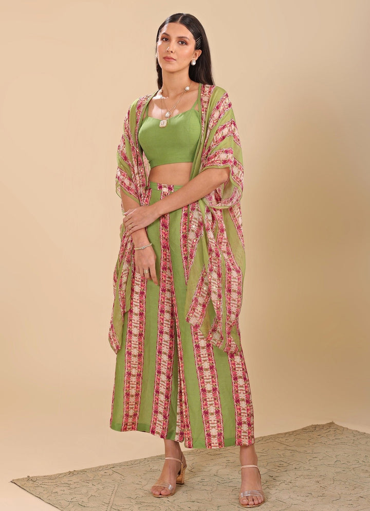 Green Printed Palazzo Pant Set With Embroidered Cape Soup By Sougat Paul - Fabilicious Fashion