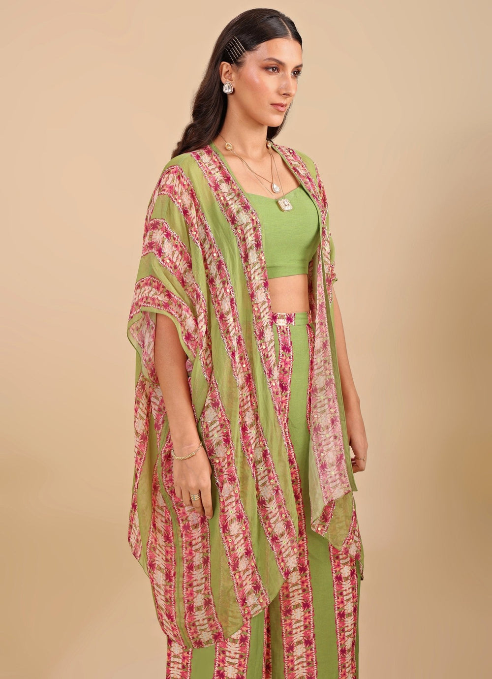 Green Printed Palazzo Pant Set With Embroidered Cape Soup By Sougat Paul - Fabilicious Fashion
